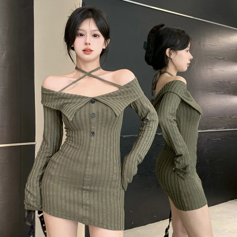 Solid Colour Turndown Collar Retro Women's Bodycon Dress Spring Autumn