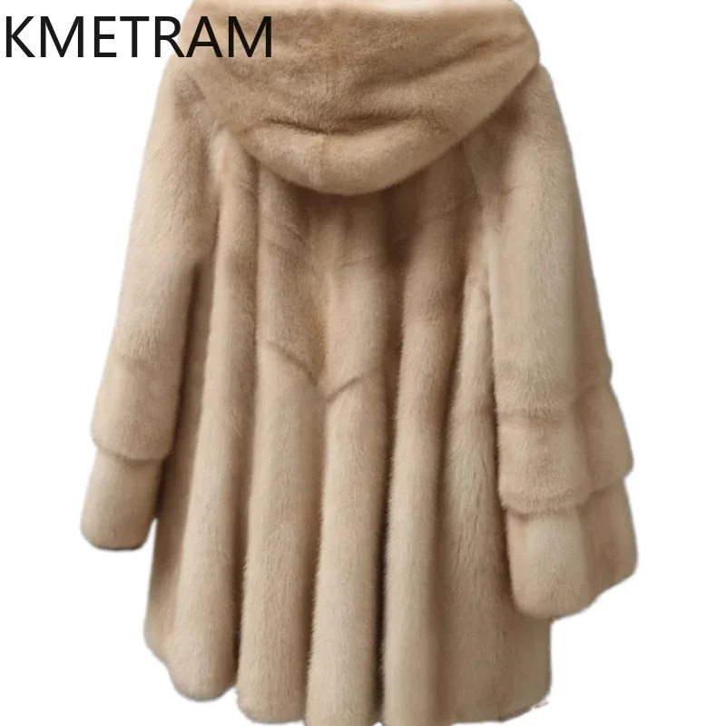 Real Mink Fur Coat Women with Hood Luxury Mid Length Fur Jacket for Woman Winter New in Coats Womans Clothing 2025 шуба женская