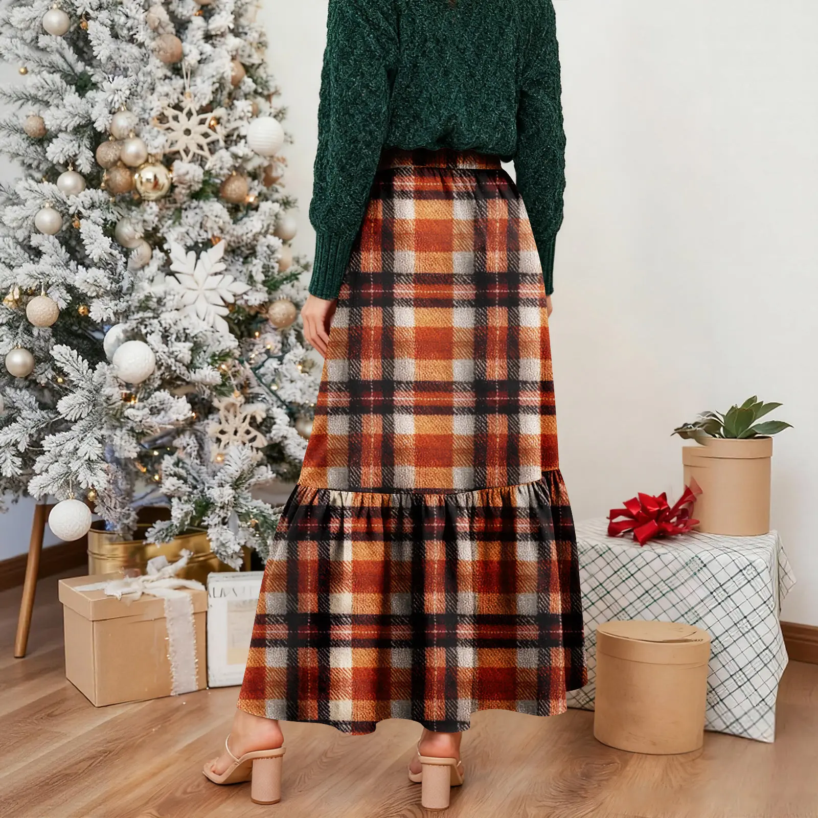 Winter Plaid Woolen Skirt Women's Mid-length A-line Ruffled Skirt Ladies High Waist Cotton Blend Pleated Long Skirt