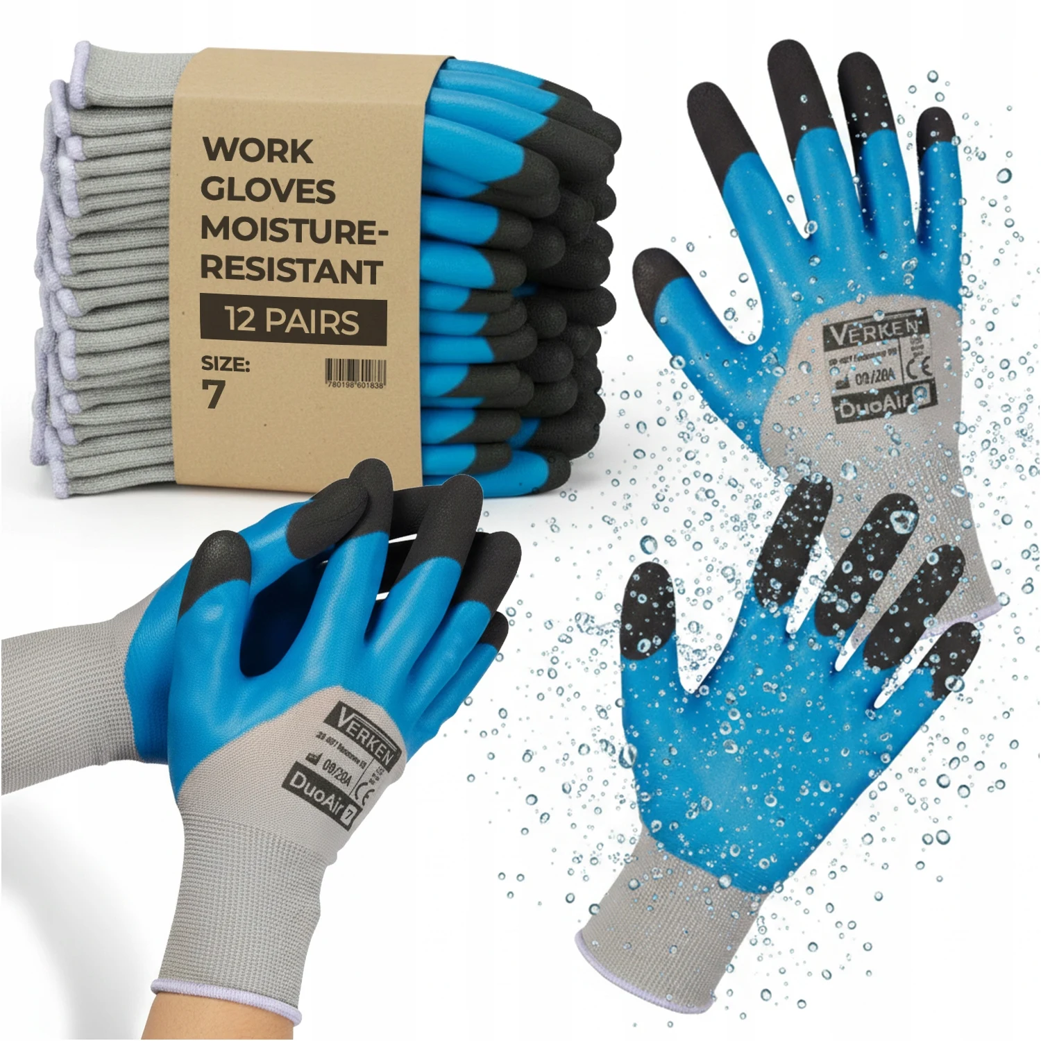 Image of Graublaue wasserdichte Arbeitshandschuhe, 12 Paar, geschäumter Latex-beschichteter Polyester-Strick, Schutzbarriere, schwarze Fingerspitzen, rauer Griff, für Bau, Lager, Logistik, Automobil,