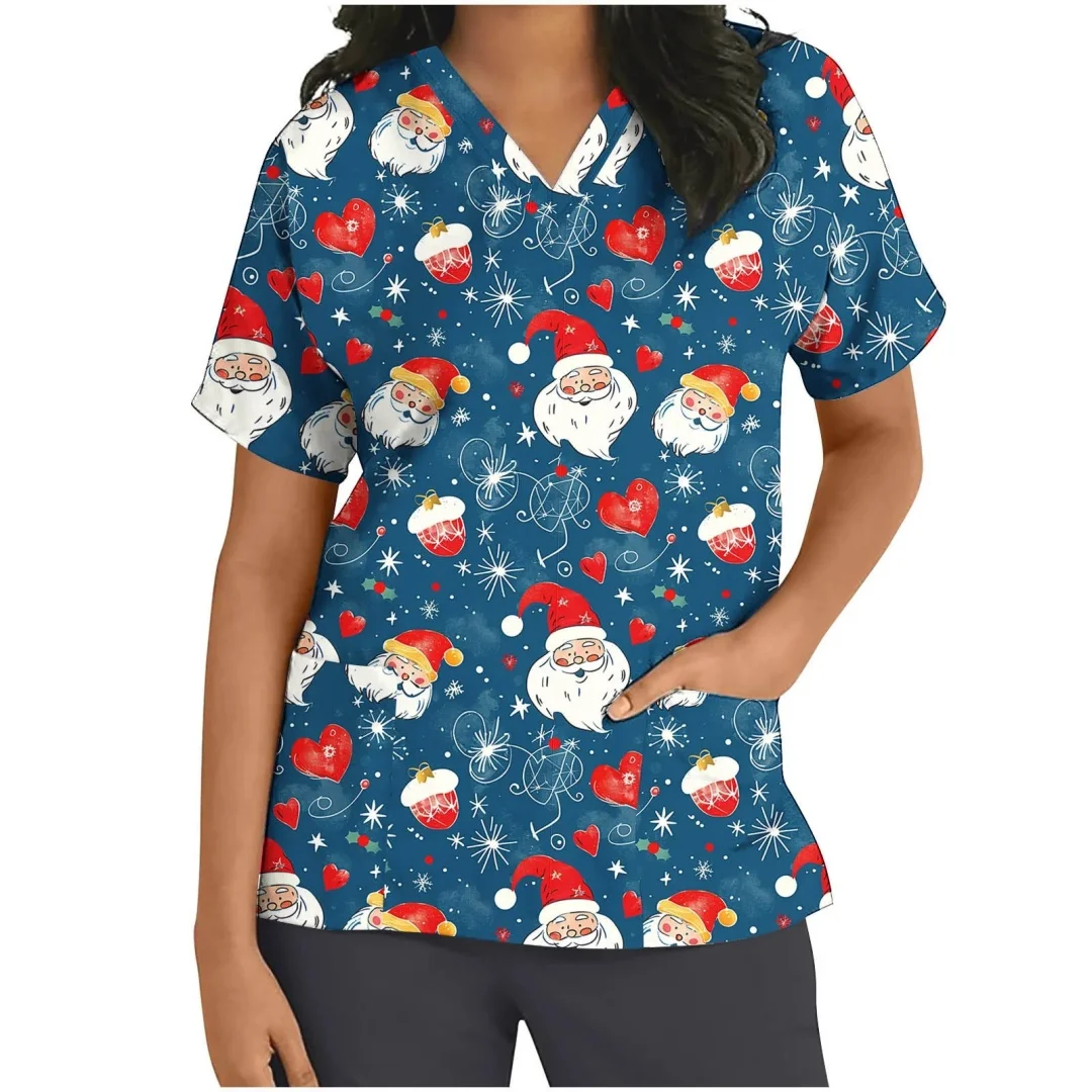 Kerst Scrub Medische Damesmode Zomer Cartoon Patroon Print V-hals Korte Mouwen Medische Kleding Vrouwen Verpleegster Uniform