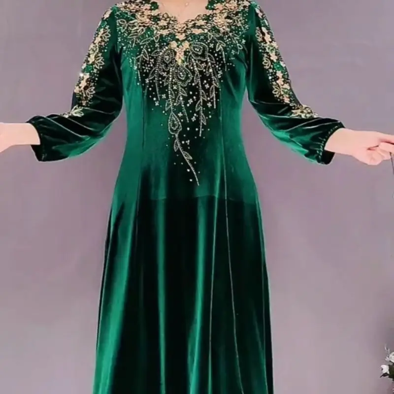 Luxury Velvet Beaded Midi Dress with Floral Embroidery