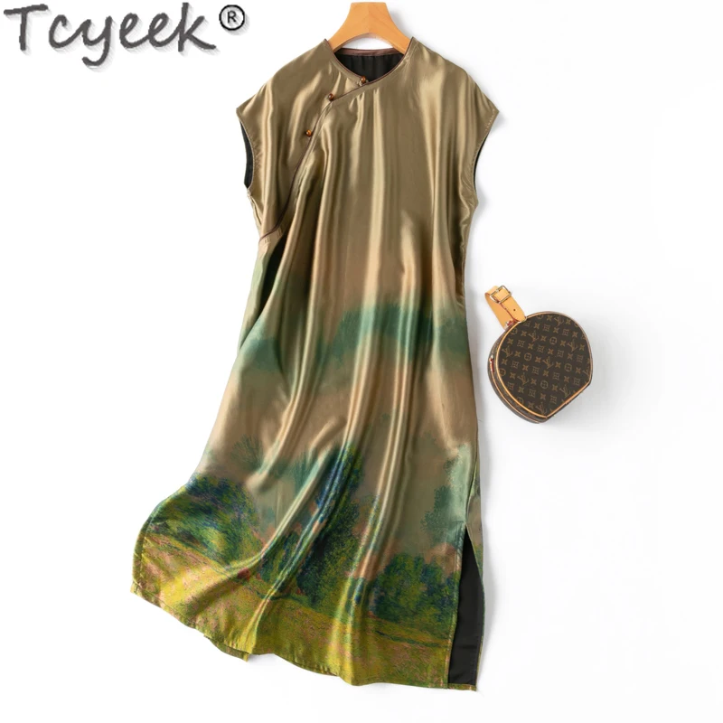 

Tcyeek 40MM 100% Mulberry Silk Dresses for Women Qipao Dress Spring Summer Clothes 2024 Elegant Women's Dresses Vestido Mujer