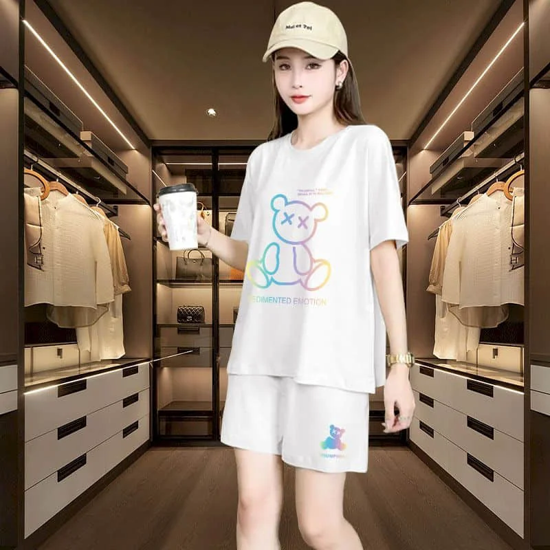 女性用2ピーススポーツショーツセット,ルーズカジュアルパンツ,半袖Tシャツ,スポーツスーツ,夏服,韓国スタイル