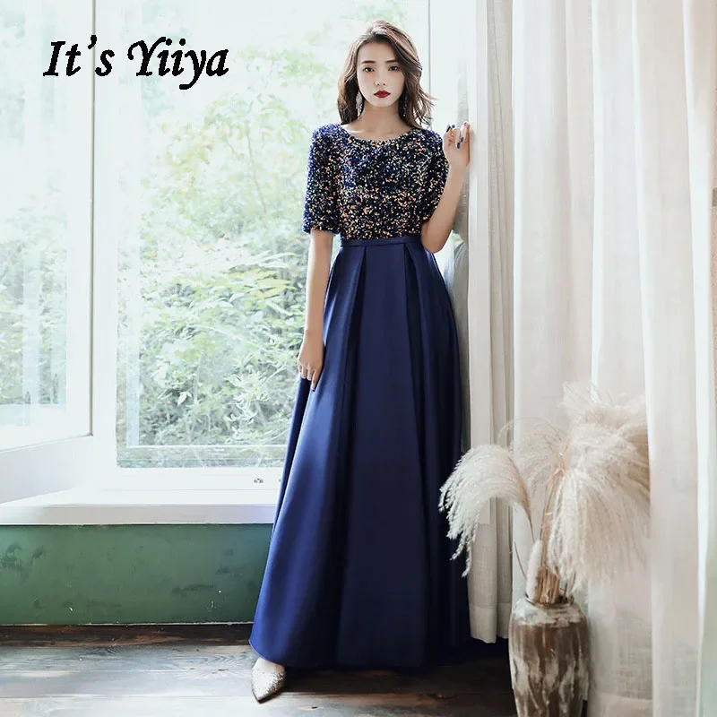 

It's Yiiya Customized Evening Dress Navy Blue Sequins Robe De Soiree O-neck Half Sleeve A-line Plus size Woman Party Formal Gown