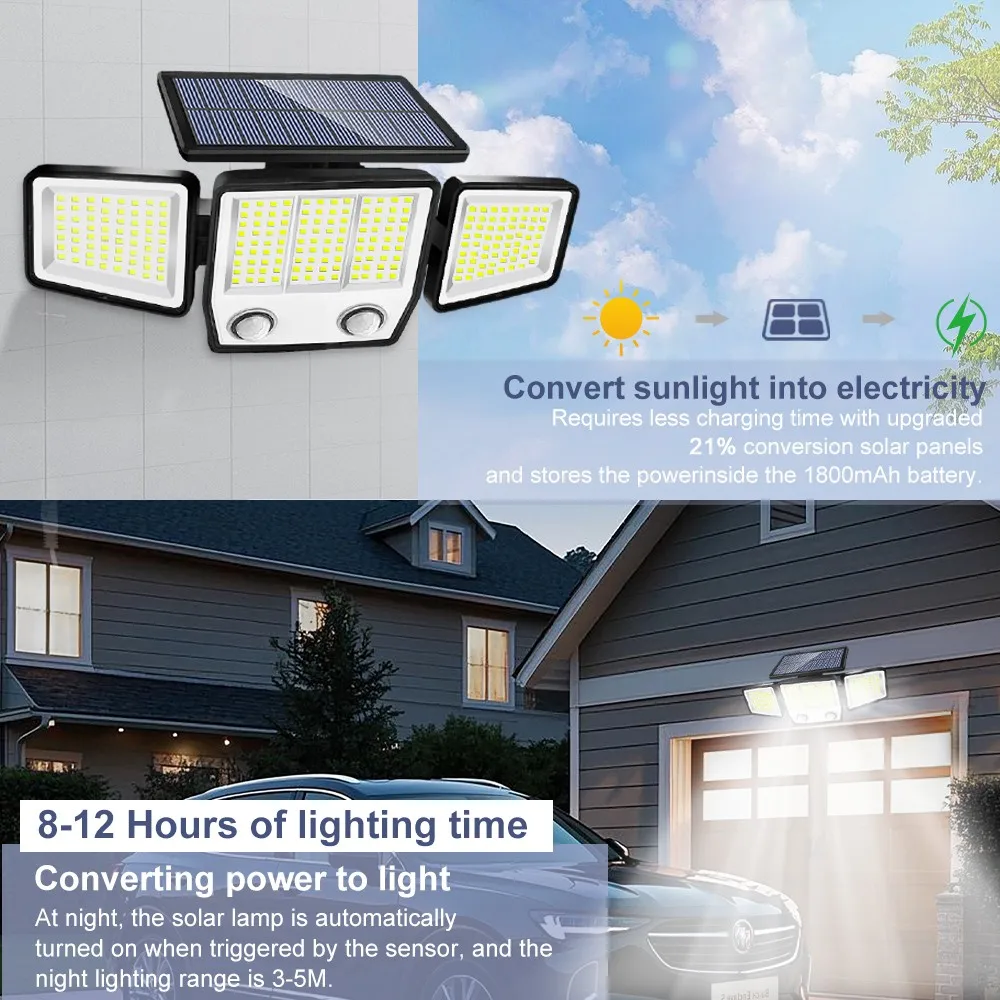 3 Heads Solar Motion Sensor Lights 236/223LED Solar Security Flood Lights Waterproof 3 Modes Wall Light Garden Yard Patio Pathwa