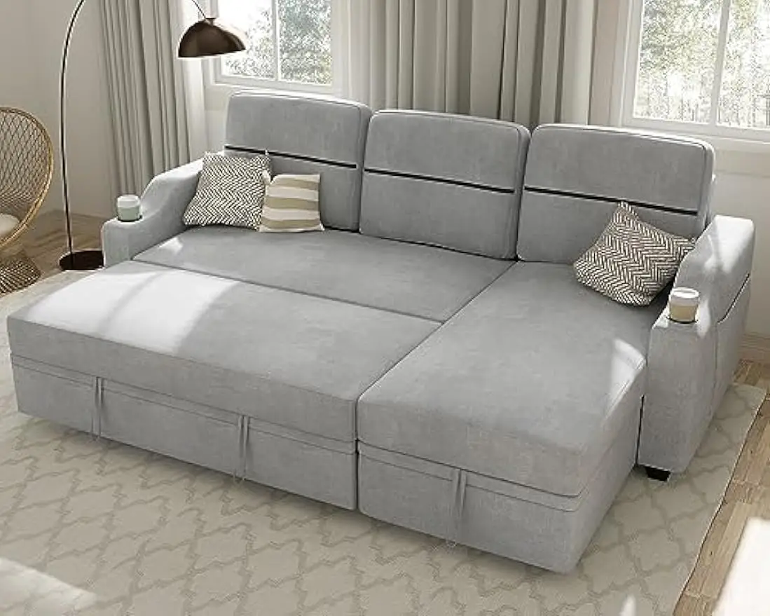 

82" Sleeper Sofa Bed with Reversible Storage Chaise Pull Out Couch Bed L-Shape Lounge 2 in 1 Futon Sofa with Two Cup Holder,Grey