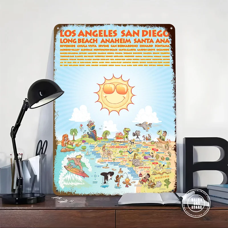 Southern California Cities 3D Texture Metal Poster Customized Wall Art Tin Sign Gift for Mancave Gamer Decoration Room Man Cave