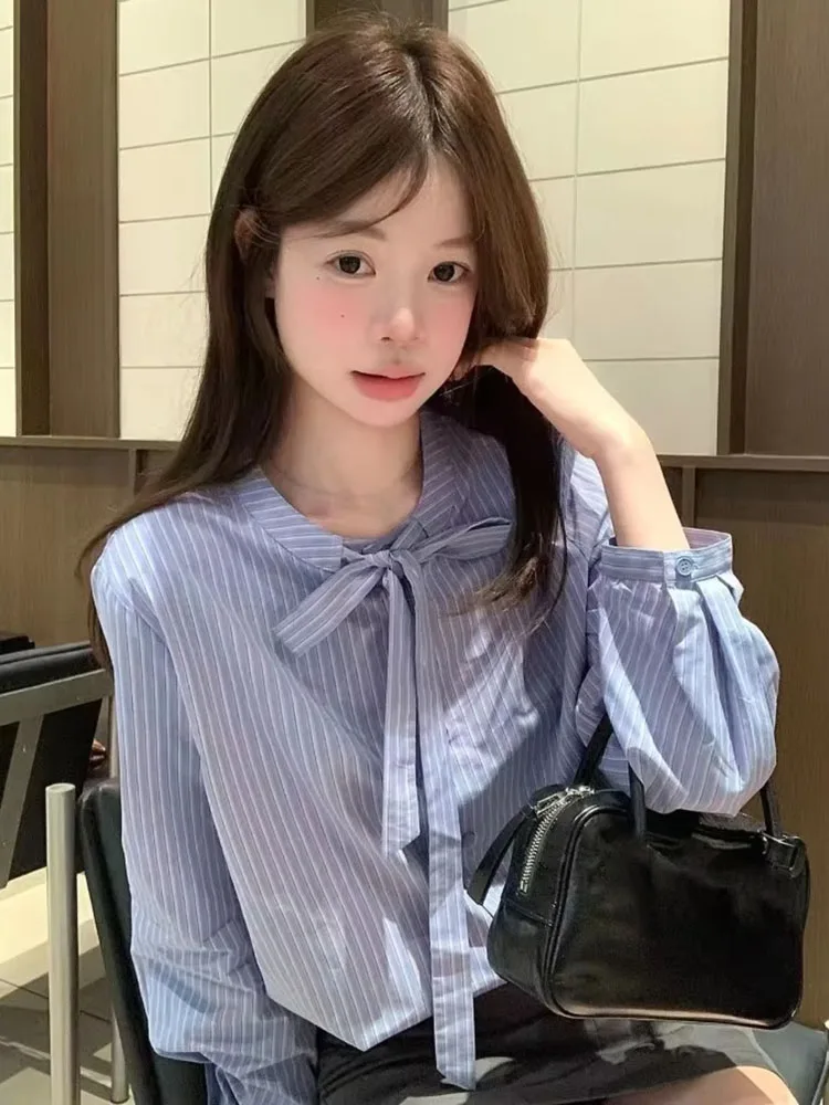 Women Shirts Elegant Striped Bandage Bow Long Sleeve Vintage Tops Autumn 2026 New Fashion Office Lady Blouse Sweet