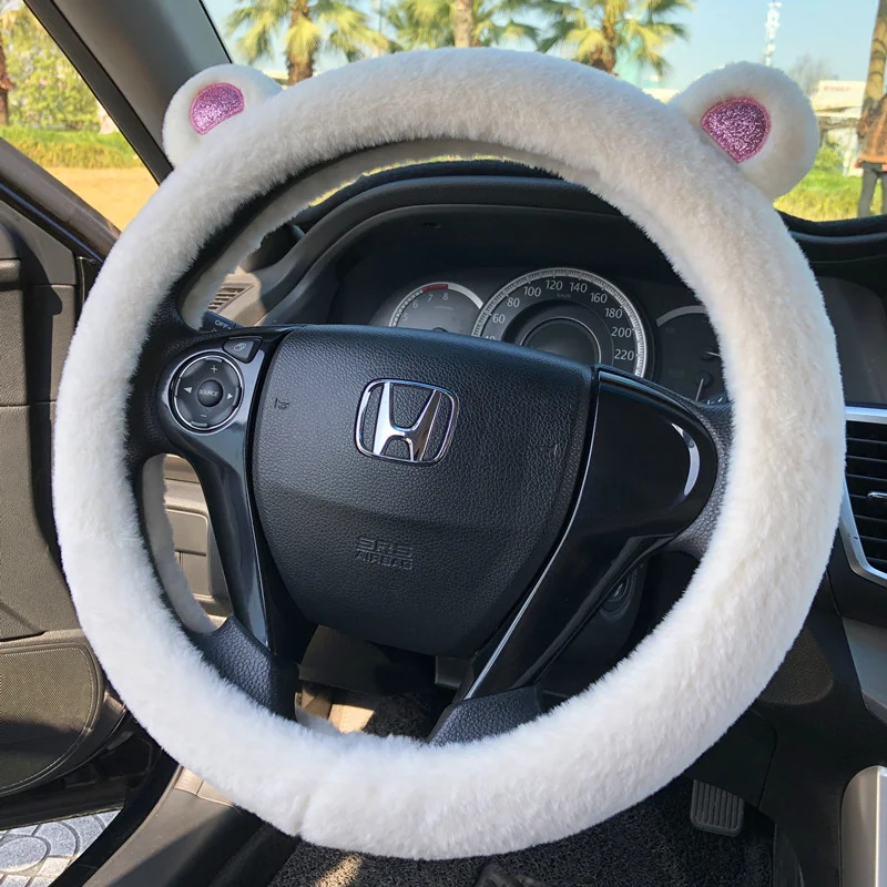 Krótki pluszowy pokrowiec na kierownicę Kawaii Winter Warm uchwyt samochodowy pokrowiec antypoślizgowy Cartoon urocze kocie uszy pokrowiec na kierownicę różowy prezent — zdjęcie 5