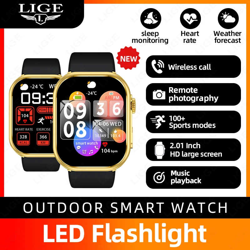 

LIGE Smart Watch Men Women Flashlight 2.01” HD Display AI Voice Bluetooth Call Sports Watches Health Monitor Smartwatch Men New
