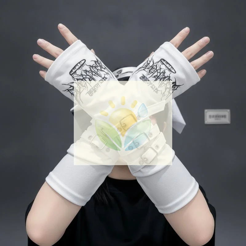 Gothic Fingerless Long Gloves Black Embroidery Adjustable Buckles for Clubbing Night Out Costume Accessory