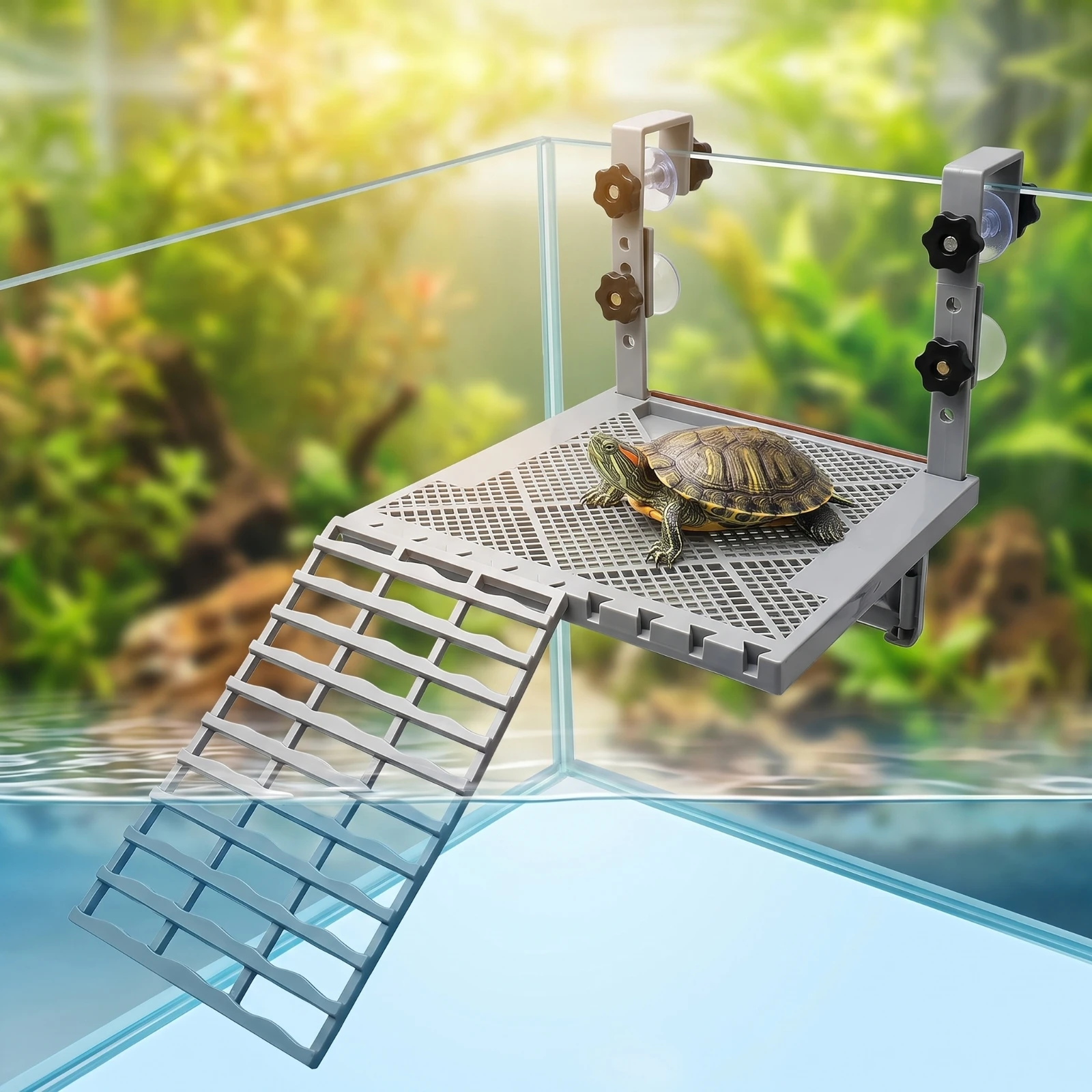 Plataforma para que las tortugas se expongan al sol, con rampa, ligera, ideal como zona de descanso, estable y segura para tortugas acuáticas y terrarios.