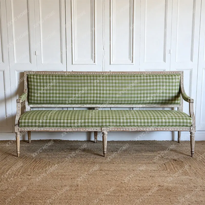 Pastoral checked fabric French old white carved rivets thin legs three-person leisure bench