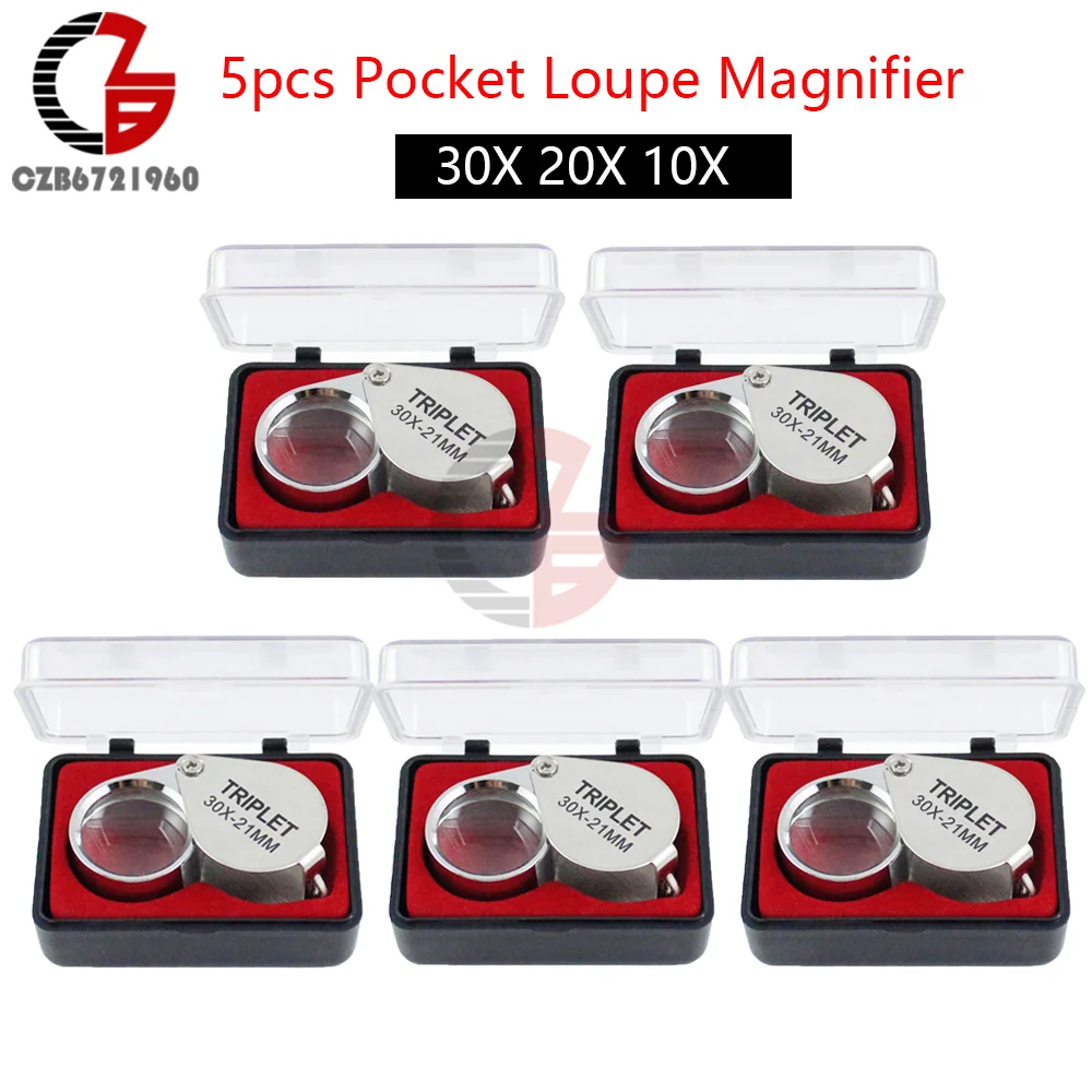 

5pcs 30X 20X 10X Pocket Loupe Magnifier Foldable Portable Metal Jewelry Magnifying Glass Triplet Jewelers Eye Glass Reading Tool