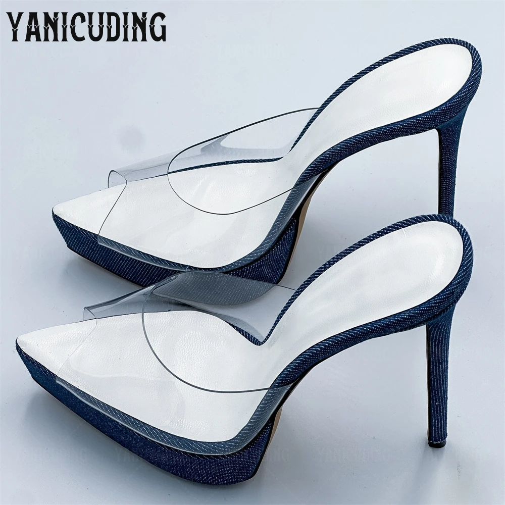 Denim Clear PVC Platform Mules Sexy Pointed Peep Toe Slippers Fashionable Designer Style Handmade Women Summer Stiletto Slippers