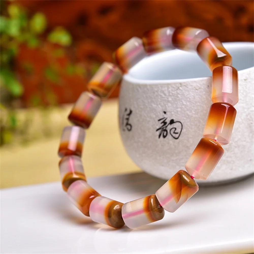 Natural Candy Agate Bucket Bracelet Women Trendy Reiki Healing Elastic Yoga Energy Wristband Jewelry Gift 1pcs 8x12mm