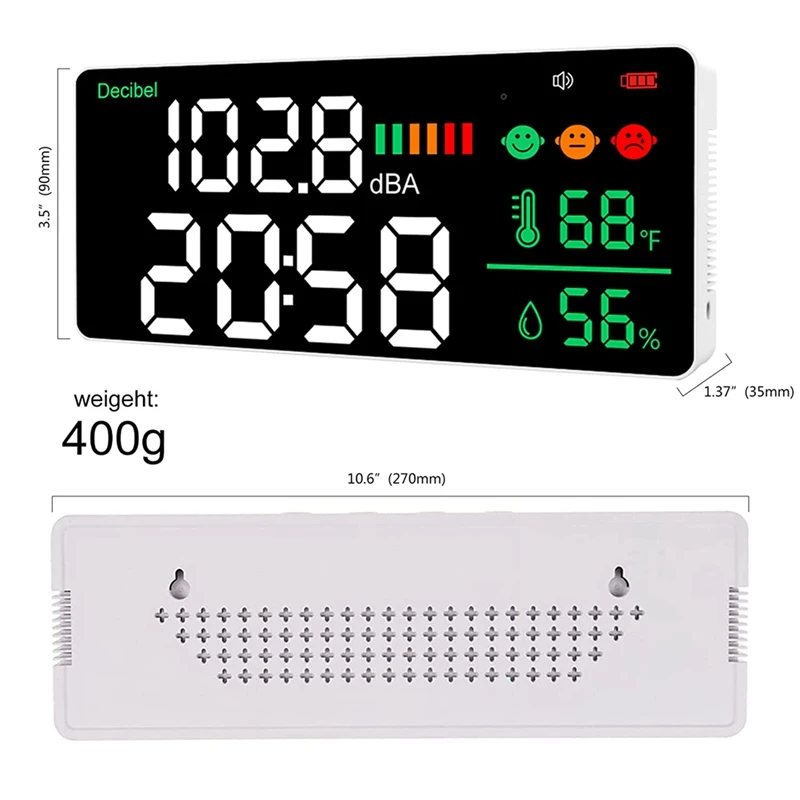 Decibel Meter Wall Hanging Sound Level Meter 30-130DB Range 8.6 Inch Large LED Display Noise Time Temperature