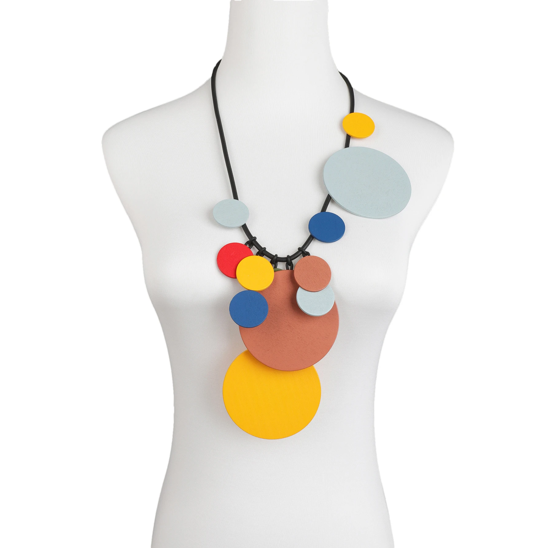 New Ethnic Style Colorful Irregular Disc Wood Jewelry Hand-designed Black Rubber Chain Jewelry Necklace Versatile Women Necklace