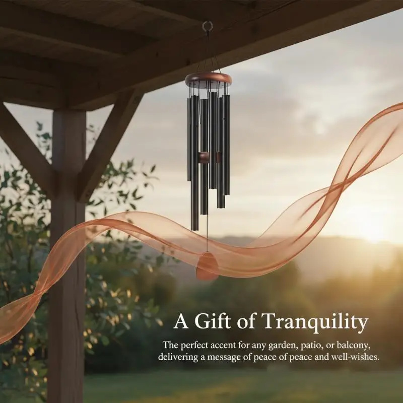 26 Inch Modern Aluminum Alloy Wind Chimes with Distinctive Wooden Tag for Balcony Corridor Outdoor Decor