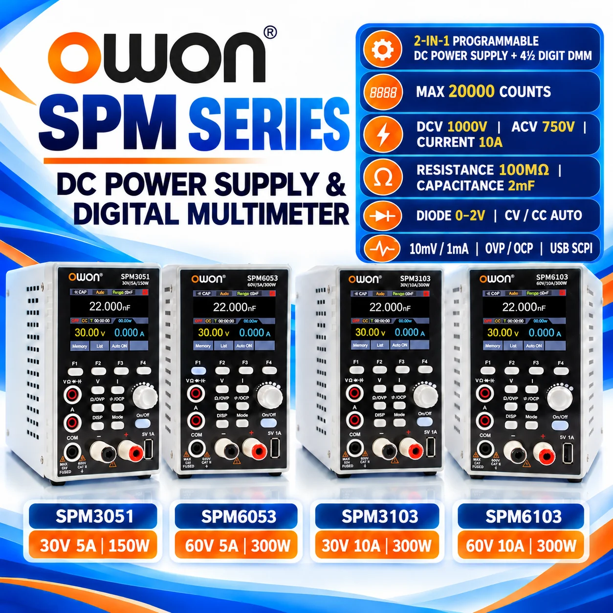 OWON SPM Series Programmable DC Power Supply 30V/60V 5A/10A 150W/300W 4.5 Digit Multimeter CV/CC USB SCPI Bench Lab Repair