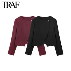 TRAF Women Fashion Autumn New Solid Asymmetric Jacket Long Sleeved Single Breasted Round Neck Short Coats Chic Ladies Tops