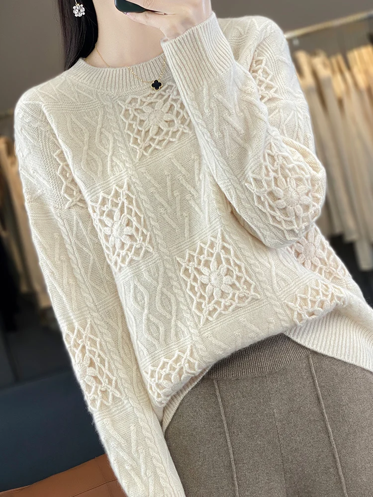 

Women Cashmere Sweater 100% Merino Wool O-Neck Pullover Heavy Work Hand Crochet Knitwear Autumn Winter New Design Quality Jumper