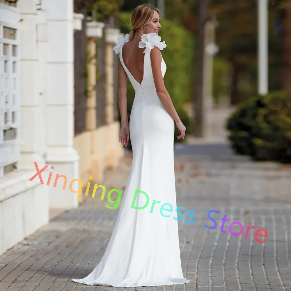 Abito da sposa minimalista in Jersey senza maniche a sirena 2024 fiori da sposa scollo a v Sweep Train Zipper Back abiti da sposa su misura