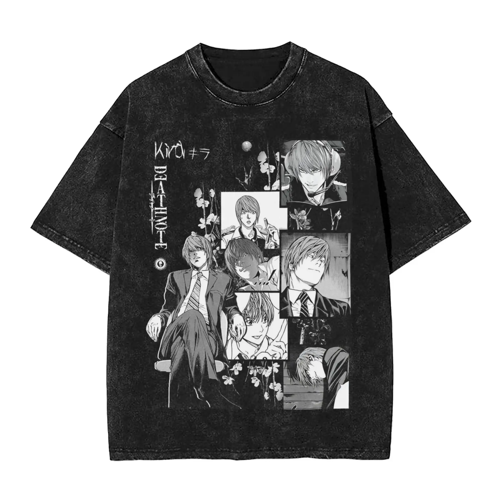 Kira Light Yagami Death Note Men's T Shirt Washed  Vintage Tee Shirt Short Sleeve Round Collar T-Shirts Pure Cotton Tops