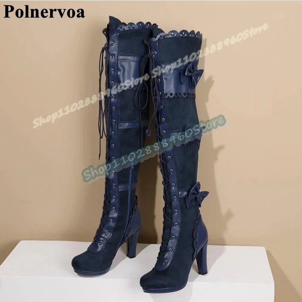 الركبة عالية الأسود Bowknots الربط عبر تعادل الأحذية مكتنزة أحذية عالية الكعب للنساء الجانب سستة جولة تو أحذية أنيقة للحفلات #2