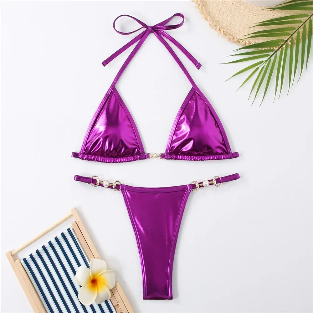 Shiny Red String Halter Triangle Micro Bikinis Sets Sexy Swimsuit Women Thong Bathing Suit Lace-up Bikini 2025 Mujer Biqiunis