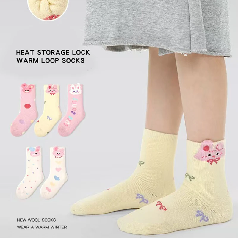 5 Pairs Thicken Warmth Cartoon Rabbits Kids Girls Mid-calf Socks Soft Elastic Comfortable Indoor And Outdoor Children Socks