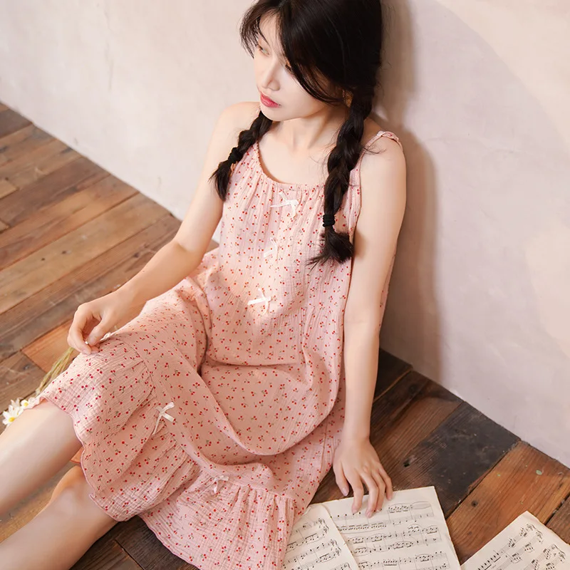 

Summer Fairy Pure Cotton Night Dress Princess Sleepwear Nightwear Women Print Round Neck Sleeveless Nightdress Sweet Nightgown