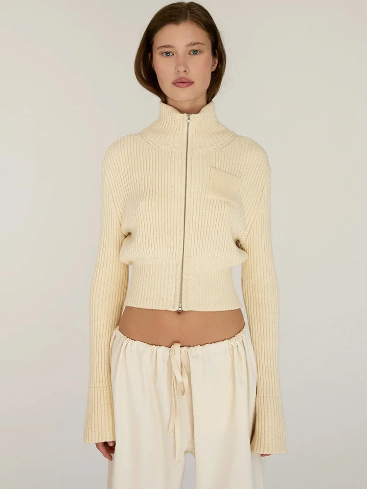 Chaxiaoa Long Sleeve Knit Sweater Cardigan Women Pullovers Elegant Fashion Zipper Turtleneck Warm Knitted Sweater Knitwear