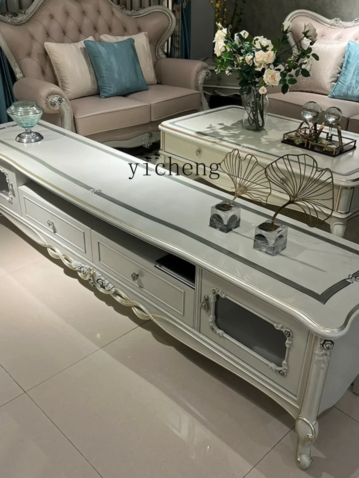 a1 TV cabinet coffee table combination living room solid wood floor cabinet luxury furniture villa video cabinet carving