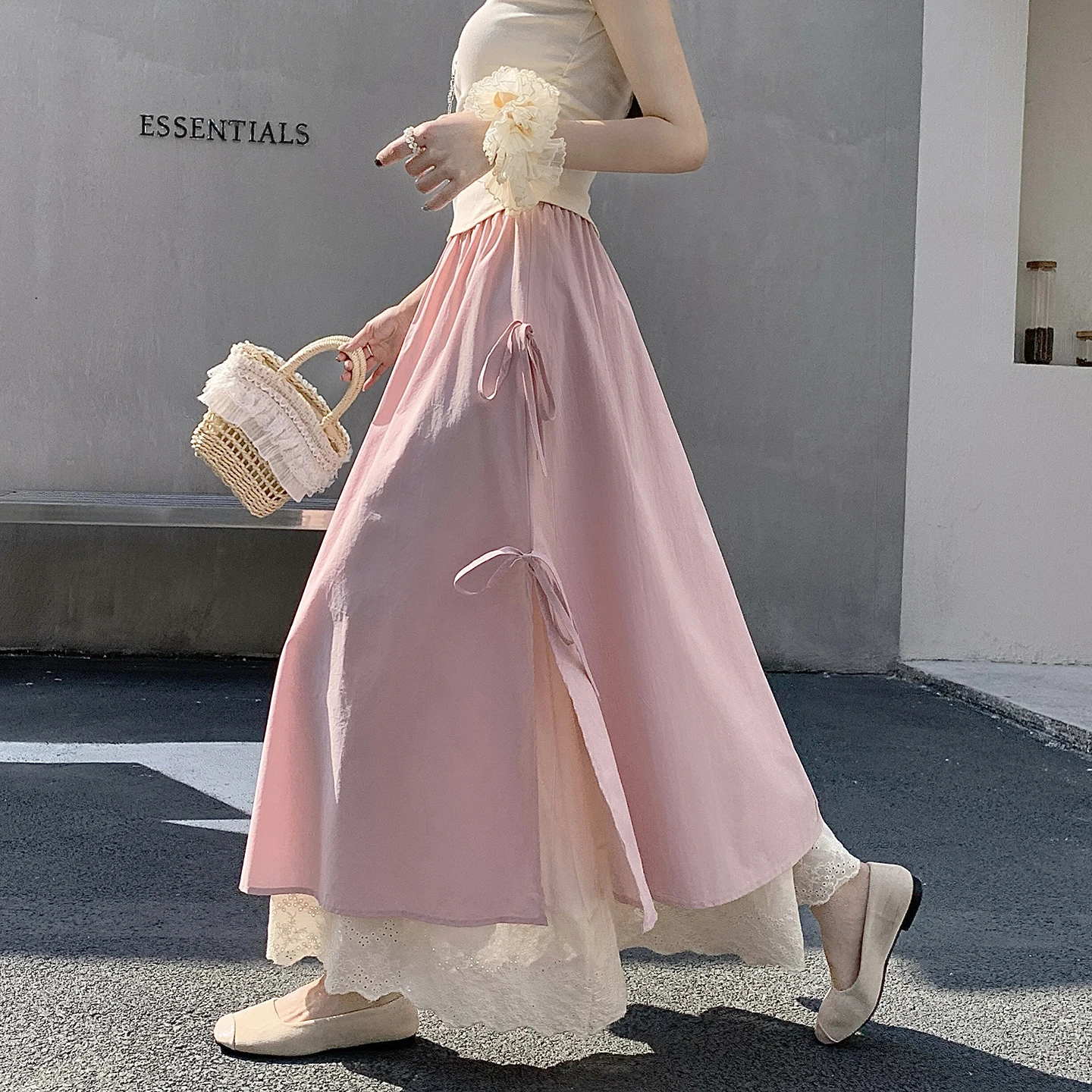 

2026 New Bow Detail High Waist Lace Hem A-Line Midi Skirt Flared Elegant Sweet Skirts for Women