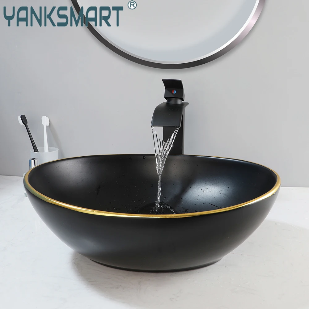 YANKSMART Modern Bathroom Vessel Sink Black Ceramic Wash Basin Sink Bowl Countertop Bathrooms Vainty with Waterfall Mixer Faucet