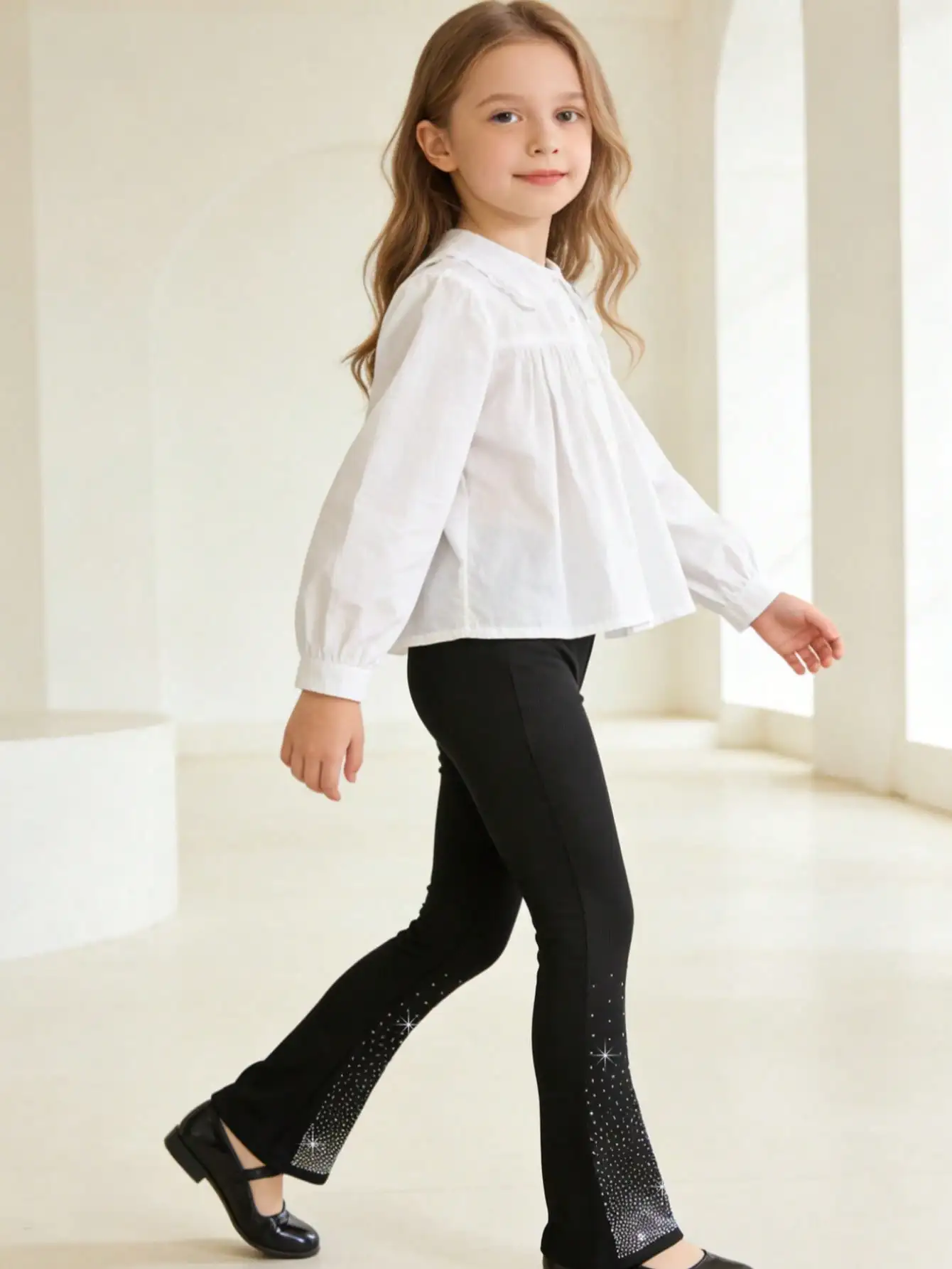 1/3-teilige Mädchen-Hose mit glitzernden Strass-Details, 2–11 Jahre, elastische Taille, Schlaghose, Polyester, Spandex, lässige lange Hose – Detail 7