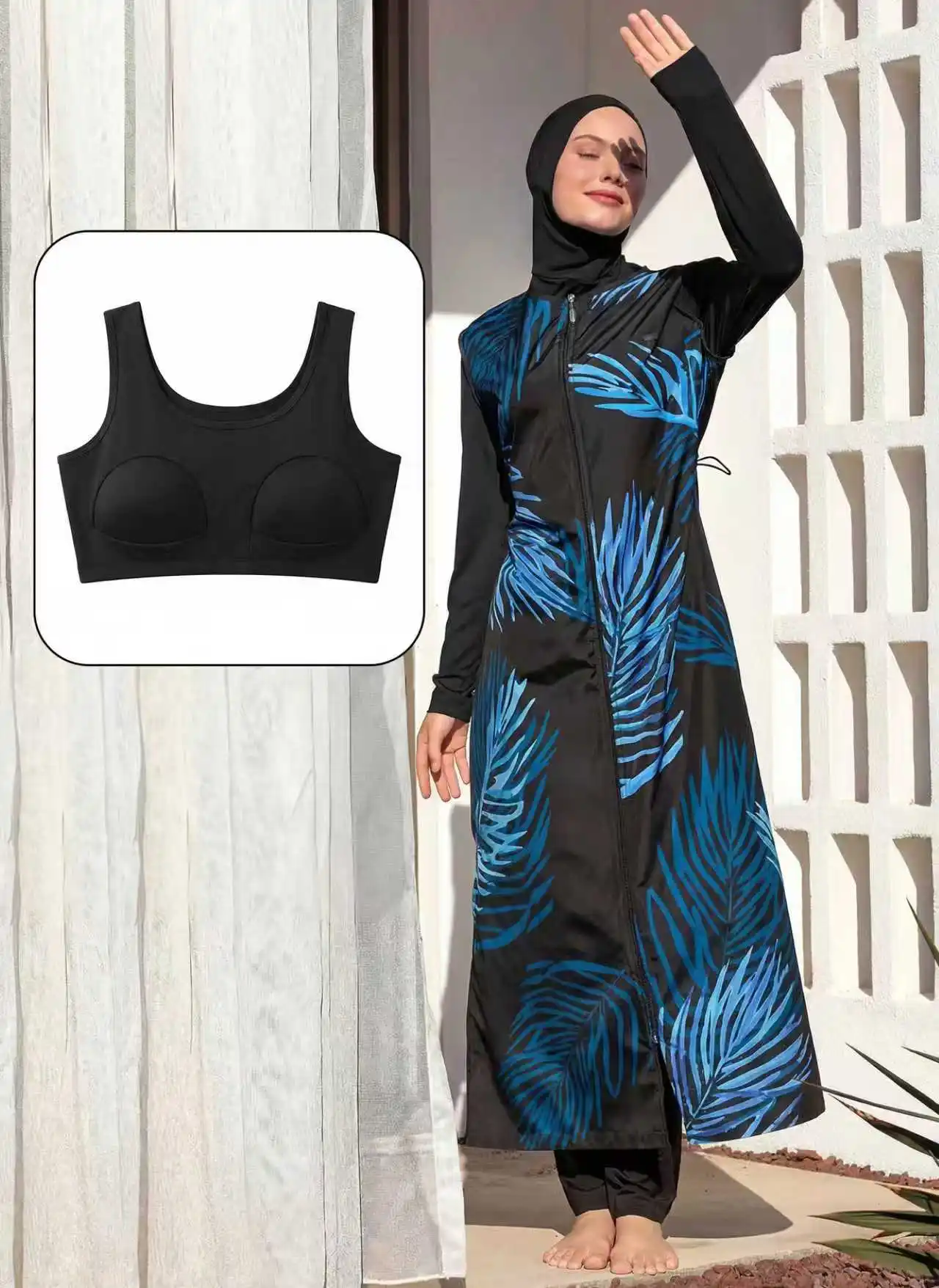 4pcs/set New Muslim Swimwear Women's Burkini Long Sleeve Sports Swimsuit Set UPF50-UV Protection image 6
