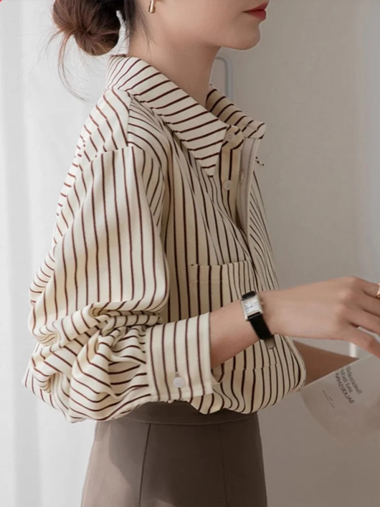 

Women's Long Sleeve Striped Shirt Spring Autumn Corduroy Thin Vintage Commute Design Top Warm Polyester Fiber Collar