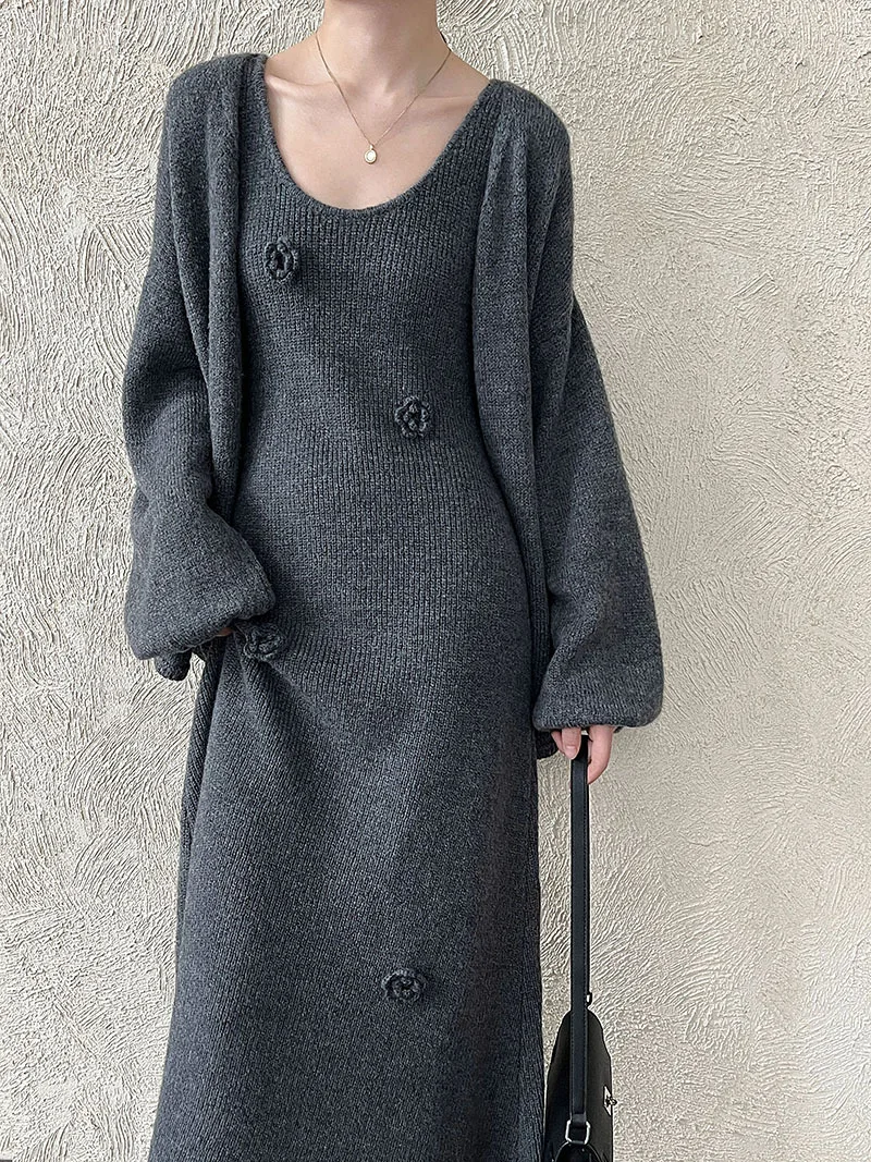 UMI MAO 한국 스타일 가을 겨울 신상 레이지 스타일 베스트 드레스 + 가디건 재킷 여성용 입체 꽃 투피스 세트