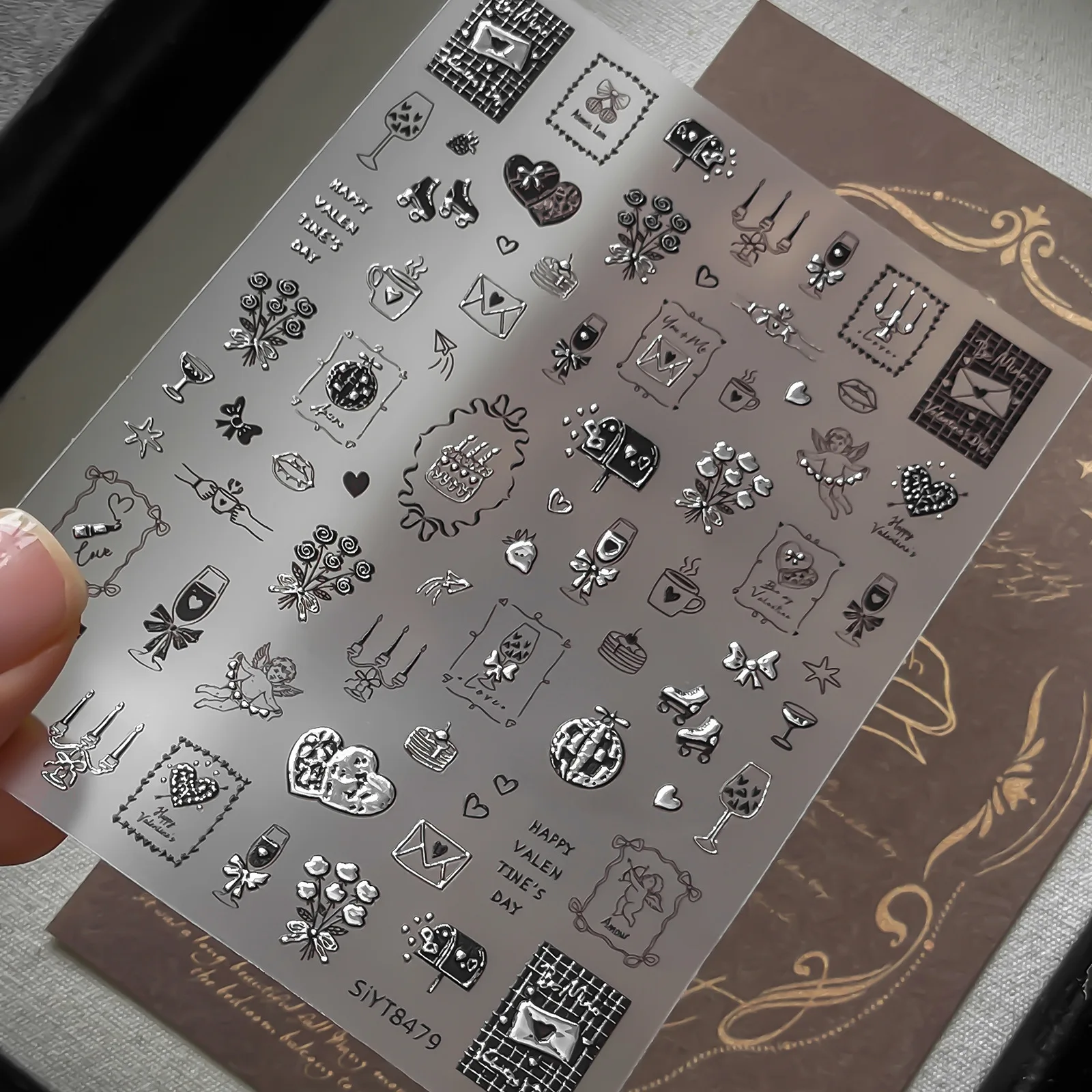 5D Vintage Black Silver Valentines Nail Stickers 3D Cupid Rose Heart Wine Cake Letter Bow Decals Sweet Love Manicure Supplies