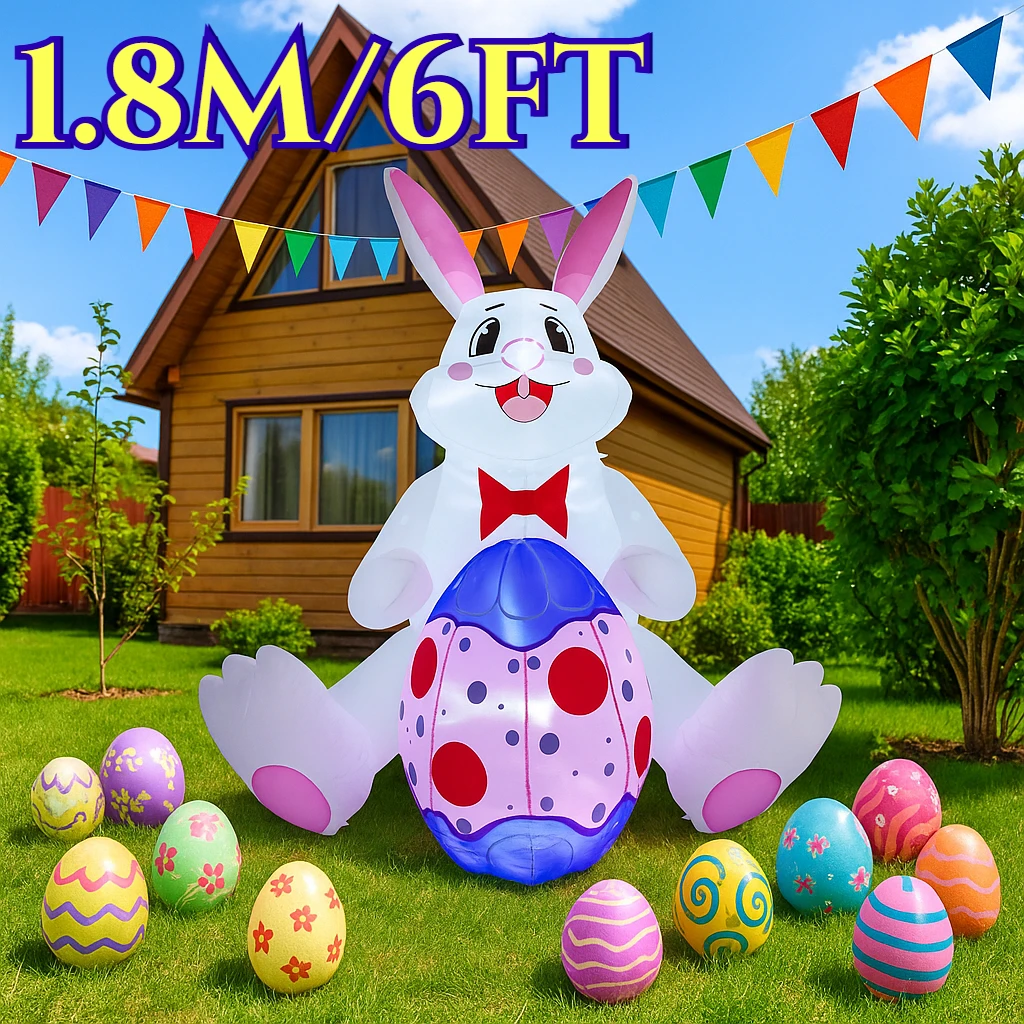 

1.8M/6FT Easter Party Holiday Decorations White Rabbit Embracing Easter Eggs Ornaments LED Model Outdoor Decor Garden Decor