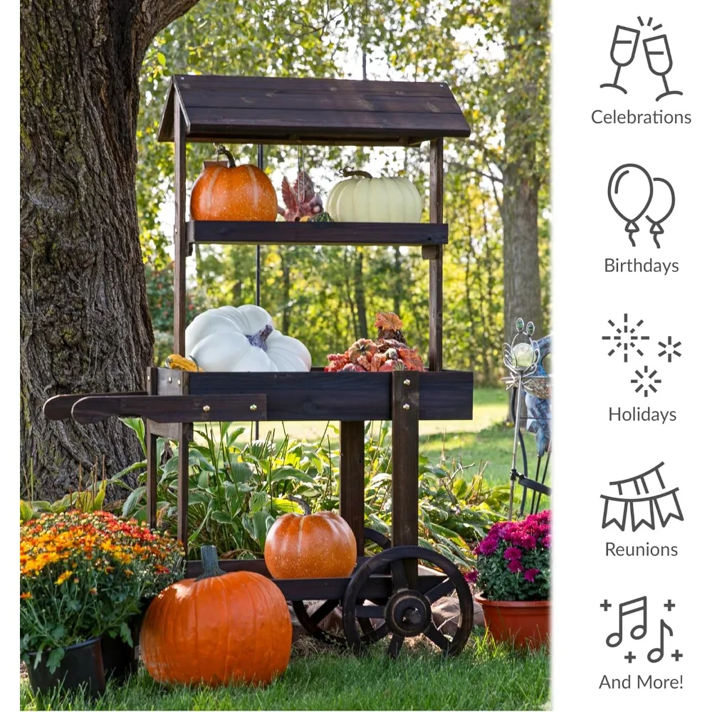 Country Market Flower Cart Display Stand with Wheels 2 Shelves Fir Wood 30 lb Weight Capacity Charred Fir