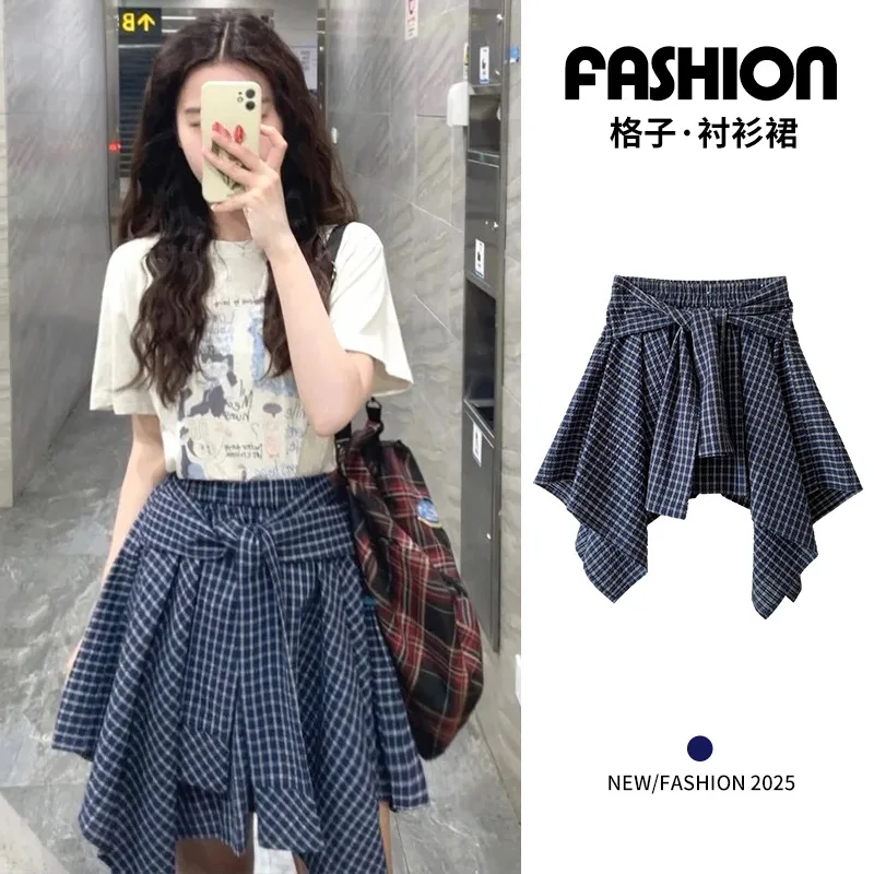 

Морщинистая хлопковая клетчатая полуюбка в корейском стиле с завязками для женщин, летняя новая тонкая свободная дизайнерская короткая юбка нестандартной формы