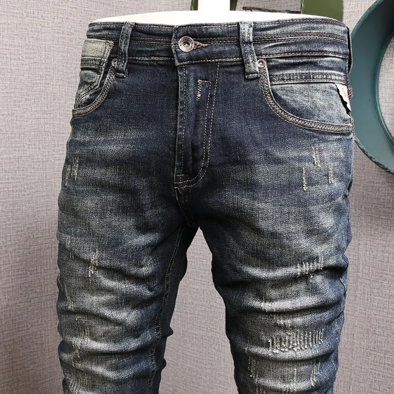 Fashion Vintage Men Jeans High Quality Retro Washed Elastic Slim Fit Ripped Jeans Homme Trendy Trousers Designer Denim Pants Men