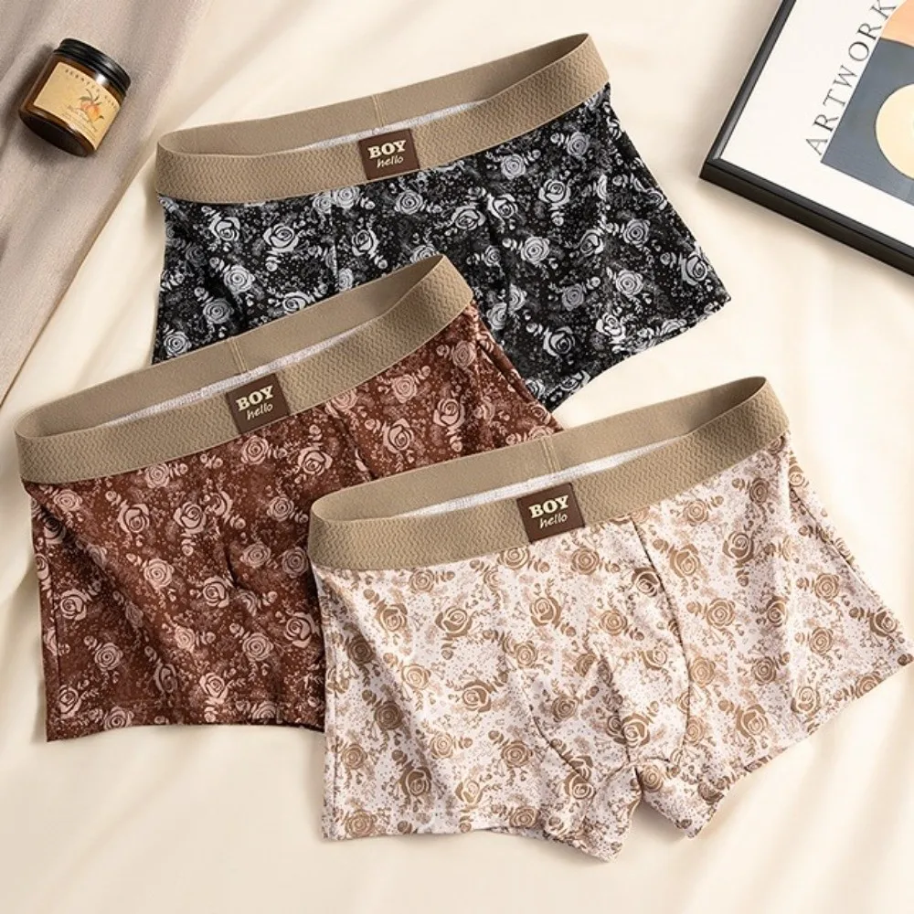

L-3XL Plus Size Men's Boxer Briefs Retro Rose Flower Mid Waist Underwear for Man Seamless Elastic Shorts Underpants Gifts