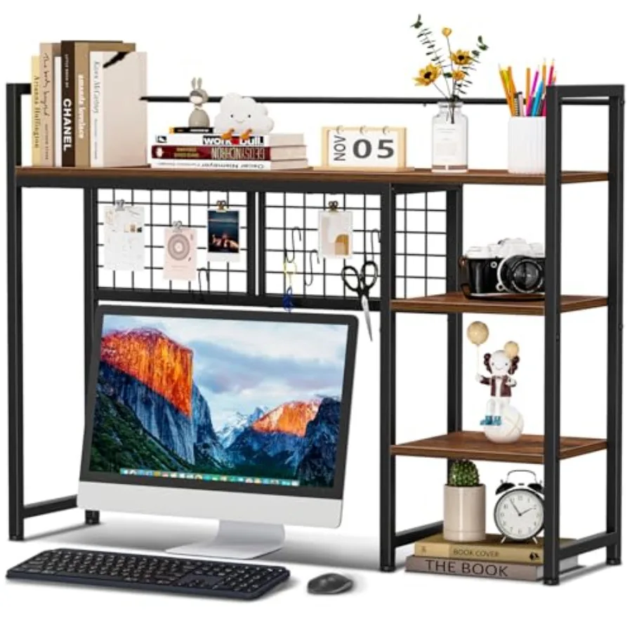 Desk Shelf 38.6" Desktop Organizer Shelf Desk Hutch for Computer Monitor 4 Tier Desk Display Rack with Pegboard Hooks Set Wood