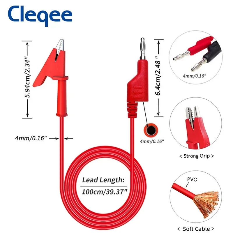 Cleqee P1037 5PCS 4mm Stackable Banana Plug to Alligator Clip Crocodile Clamp Multimeter Test Leads Soft PVC Cable 1M Wire