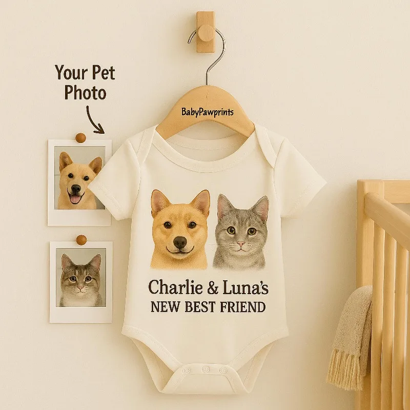 Custom Pet Portrait Baby Bodysuit, 3PCS SET Personalized Dog Cat Picture Onesie with Name, Organic Cotton Romper for 0-24M Baby